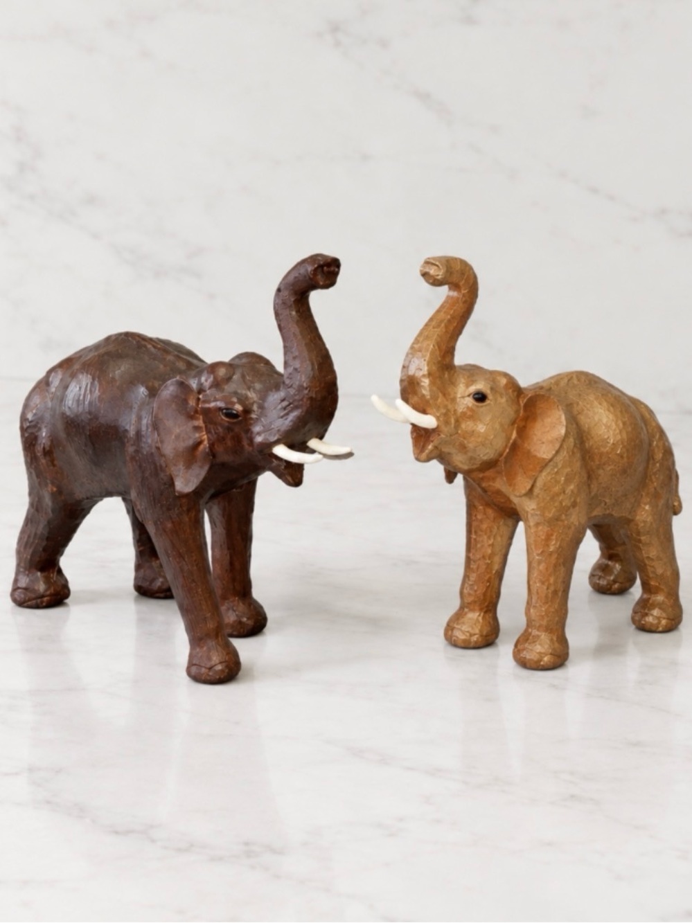 Two vintage Leather Elephant Statues 13”